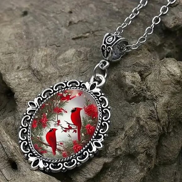 Silver Oval Shaped CARDINAL Red Bird Pendant Necklace - Picture 1 of 3